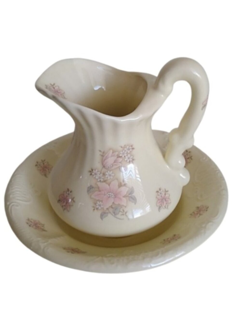 Vintage ATHENA California Small Floral Pitcher and Basin Set, Cream